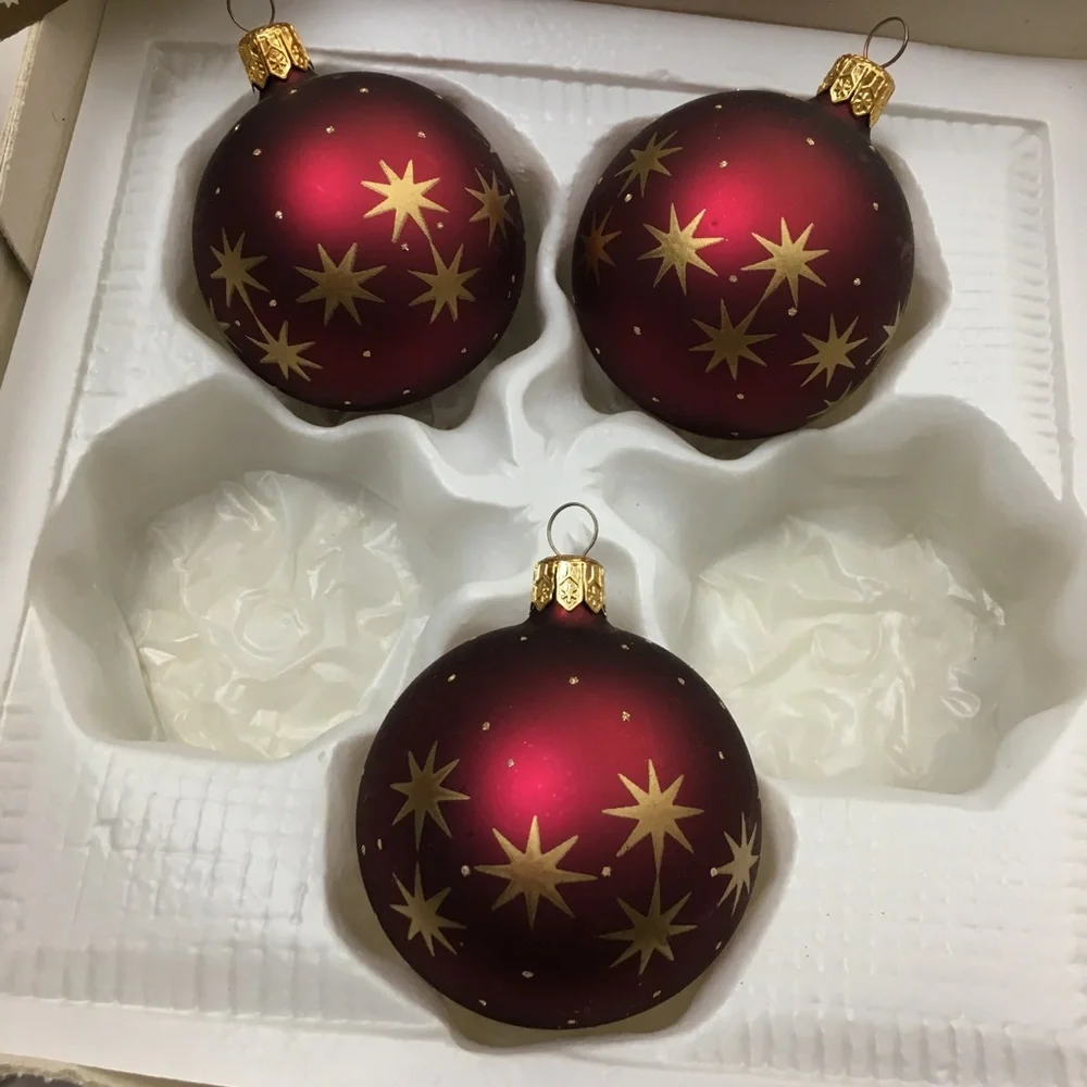 MOUTHBLOWN Handpainted Eve West Germany Christmas Ball Ornaments Burgundy Gold